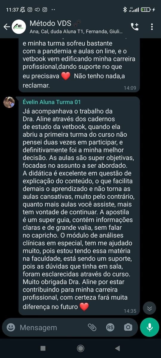 Print do grupo do Método VDS com depoimento da aluna Évelin elogiando a didática e o módulo de análises clínicas