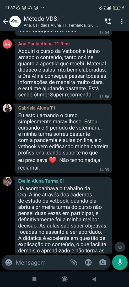Print do grupo com depoimentos das alunas Ana Paula e Gabriela sobre o conteúdo e a apostila