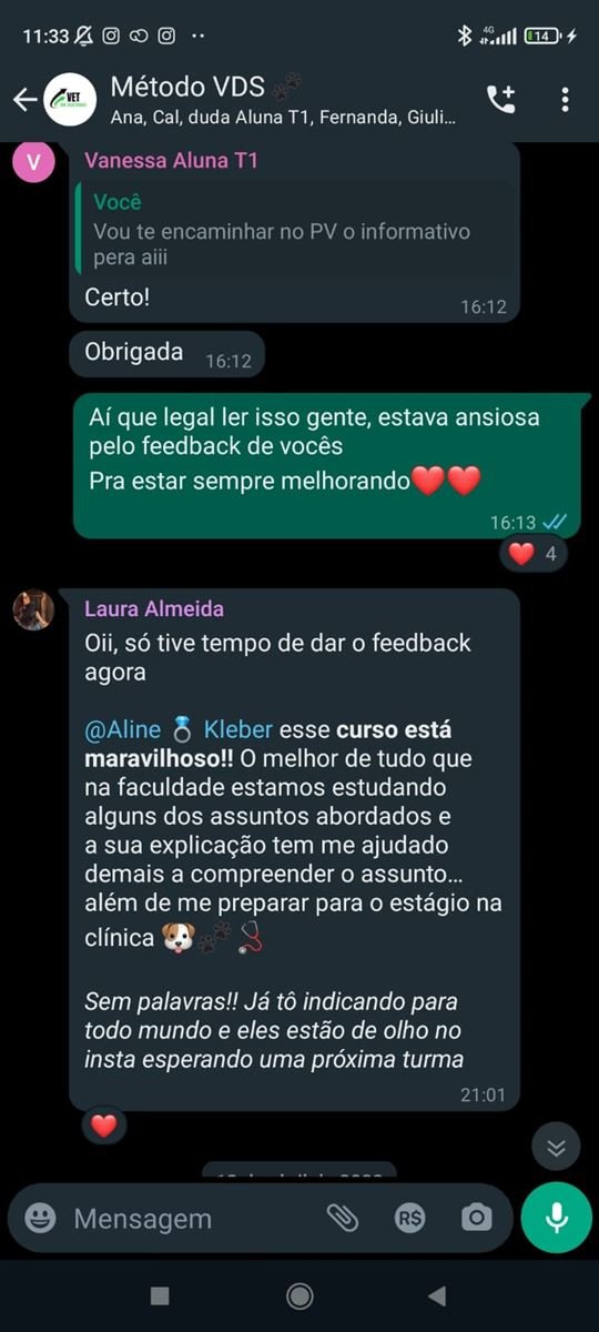 Print do grupo com depoimento da aluna Laura sobre a preparação para o estágio na clínica