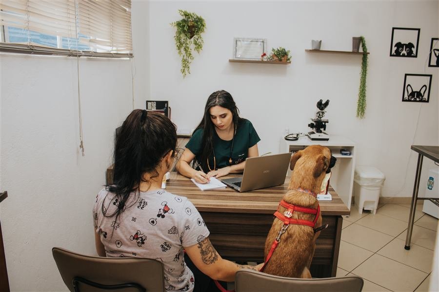 M.V. Aline Santos atendendo uma tutora e seu cachorro no consultório